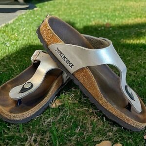Birkenstock Women's Birko-Flor Low Heel Buckle Flip Flop Sandal Silver Size 36
